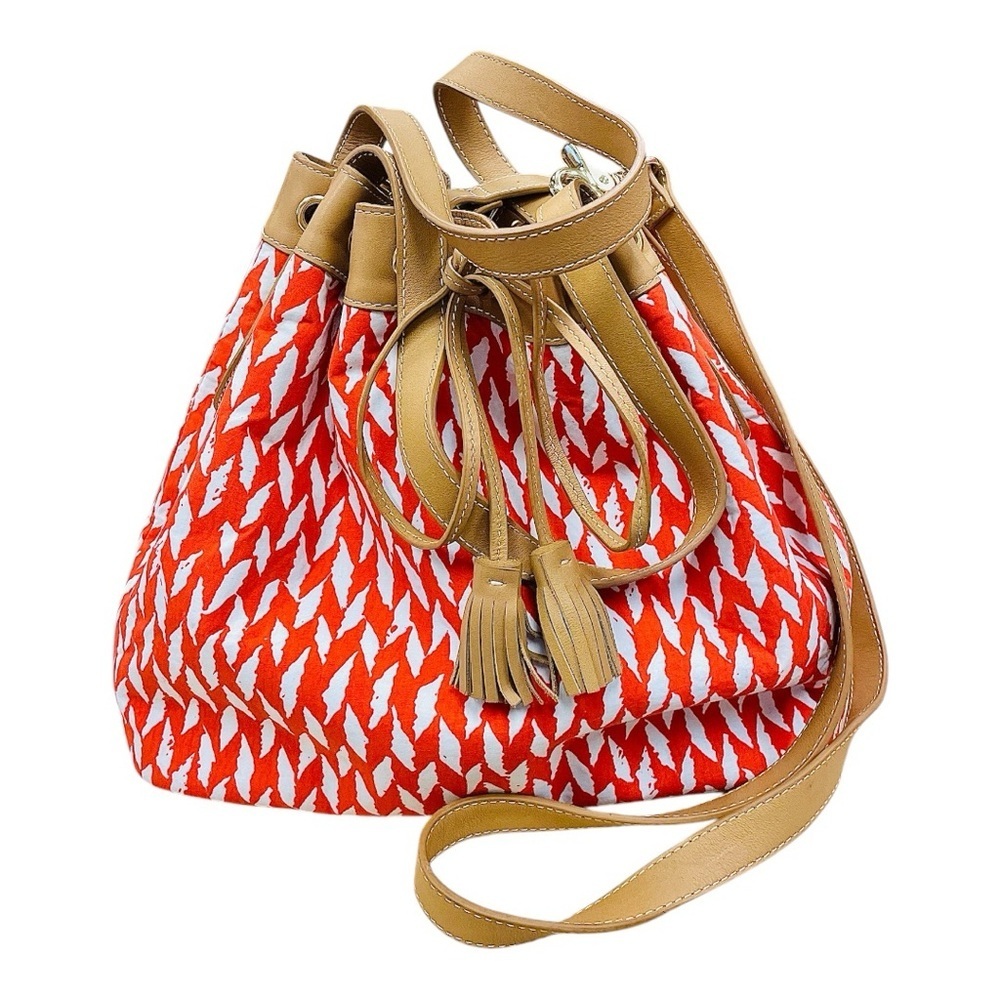 McLaughlin Orange and White Geometric Shoulder Bag with Drawstring